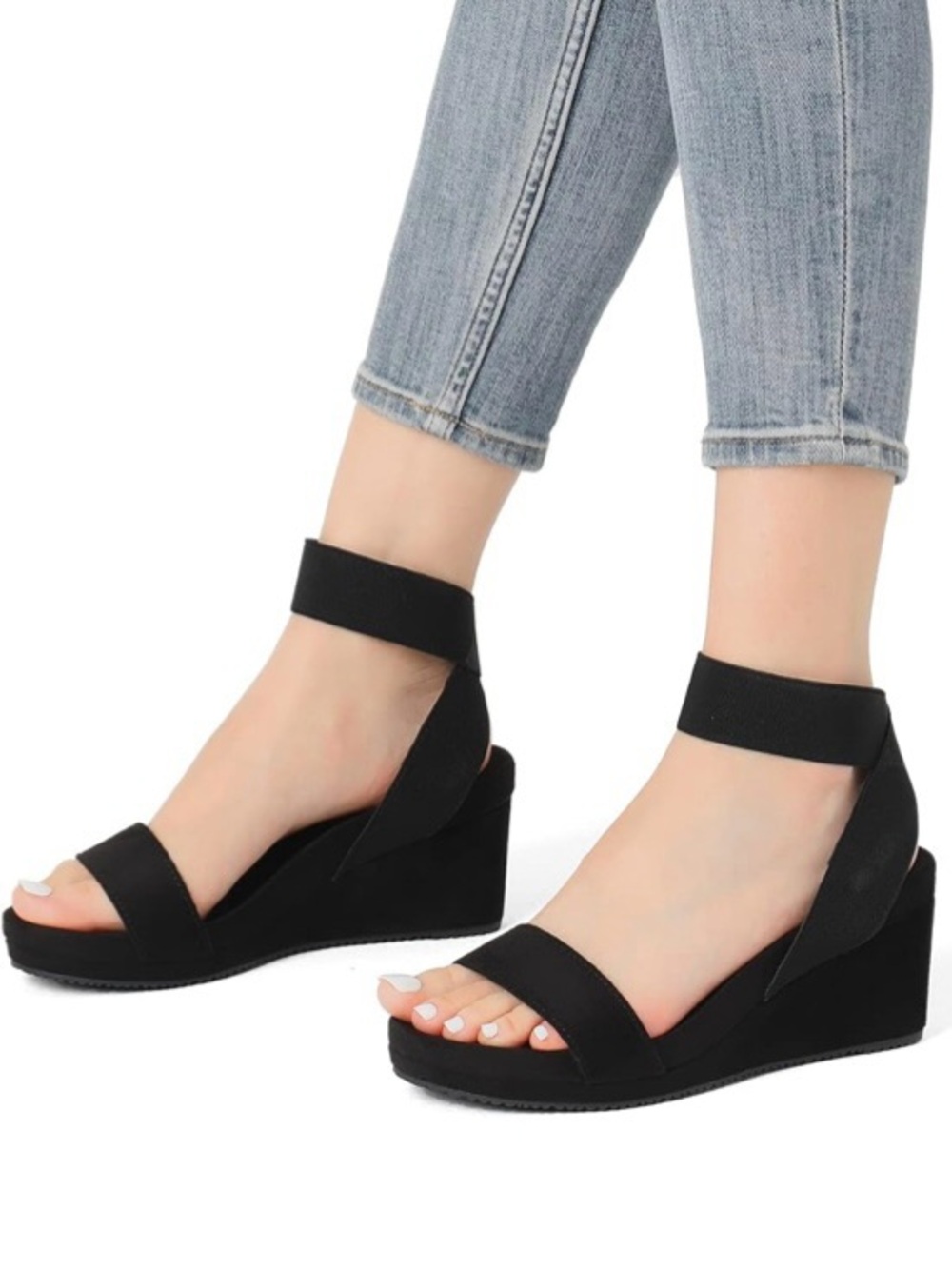 NIB Black Elastic Ankle Strap Platform Wedge Sandals Summer Fall Women Shoes 6.5